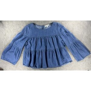 Madewell Blue Chambray Peplum Tiered Top Women's Large Denim Button Back Blouse